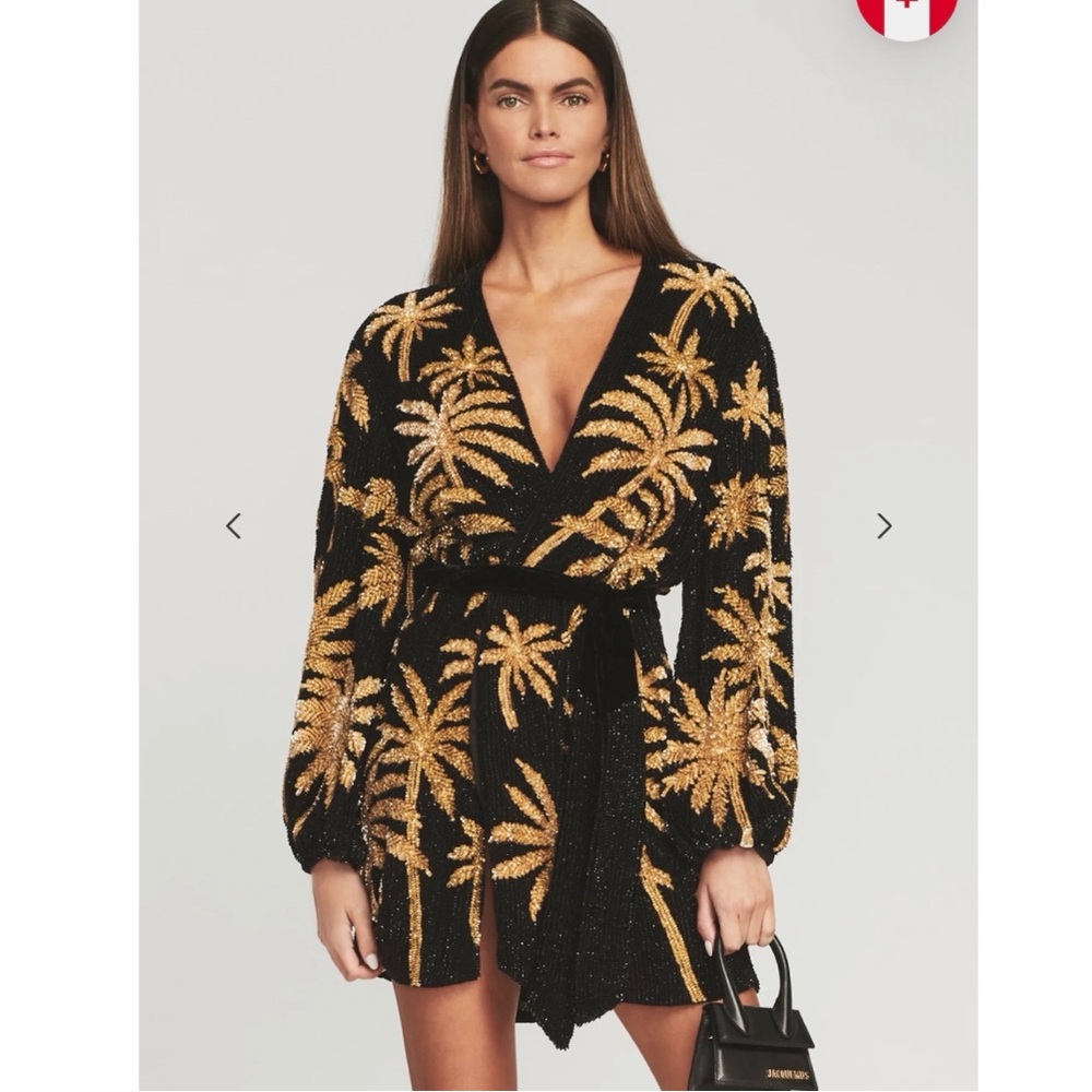 RETROFETE GABRIELLE Black & Gold Sequin Palm Tree Robe Dress Small SOLD OUT
